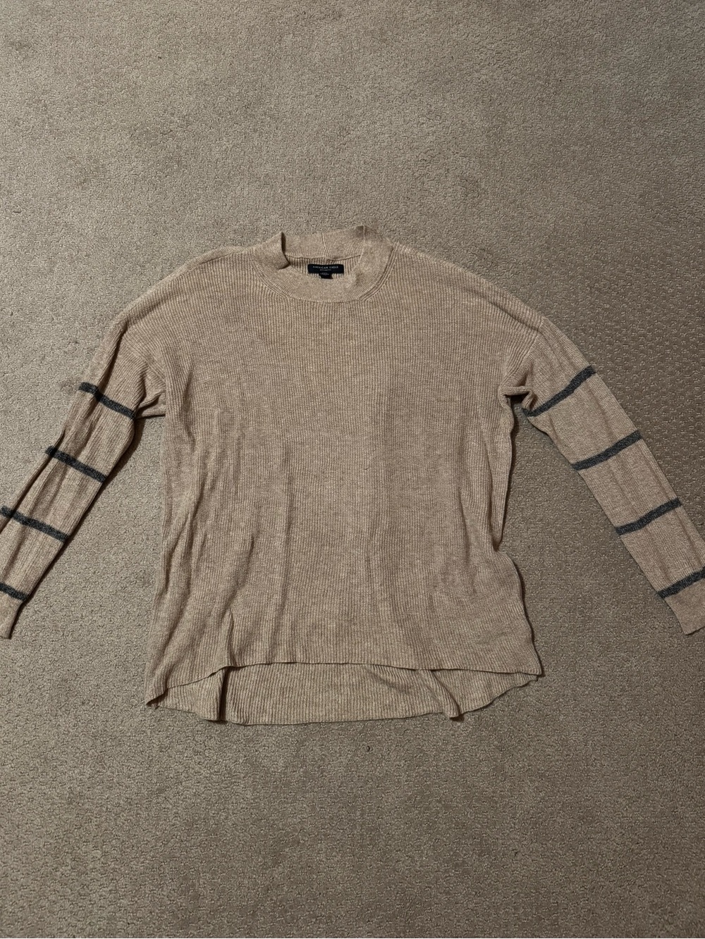 American Eagle Outfitters Size M Taupe Crewneck Sweater with Gray Sleeve Stripes